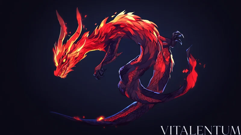 Blazing dragon coils in midair while embers glow softly