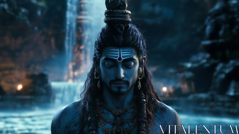 Divine blue figure meditates beside a misty sacred waterfall.