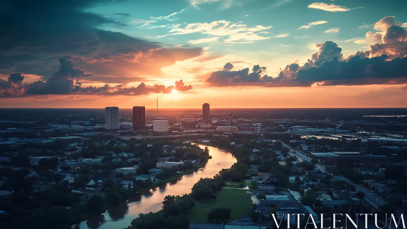 Dramatic urban skyline rendered under high-contrast sunset lighting
