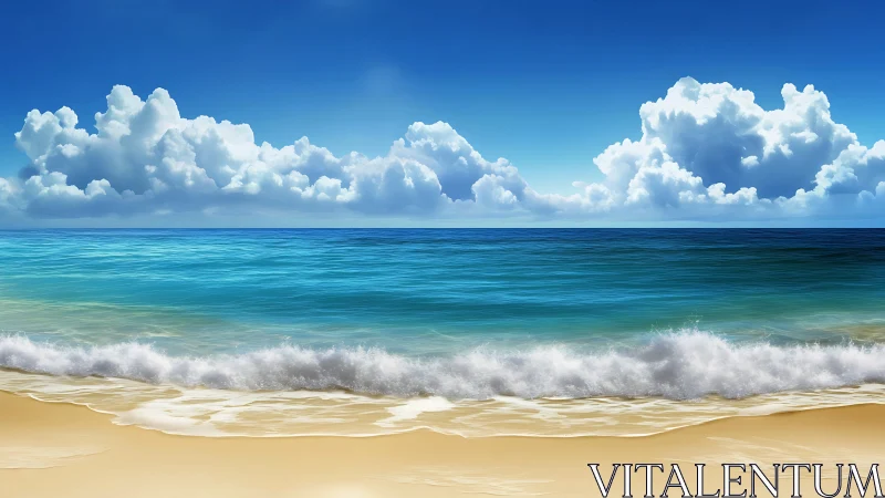 Sunlit turquoise waves roll onto a tranquil sandy shore