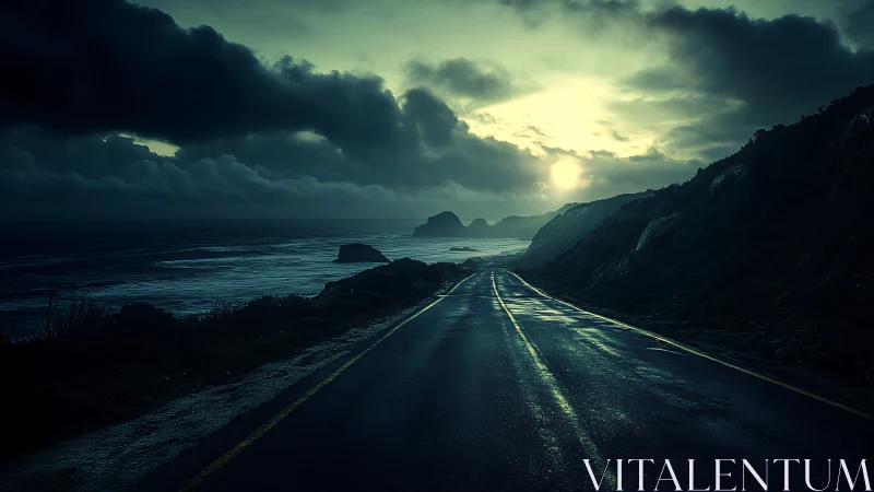Coastal highway at dusk with wet asphalt and storm cloud horizon