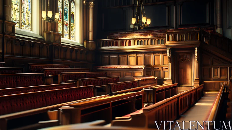 Historic wooden courtroom interior shows empty benches