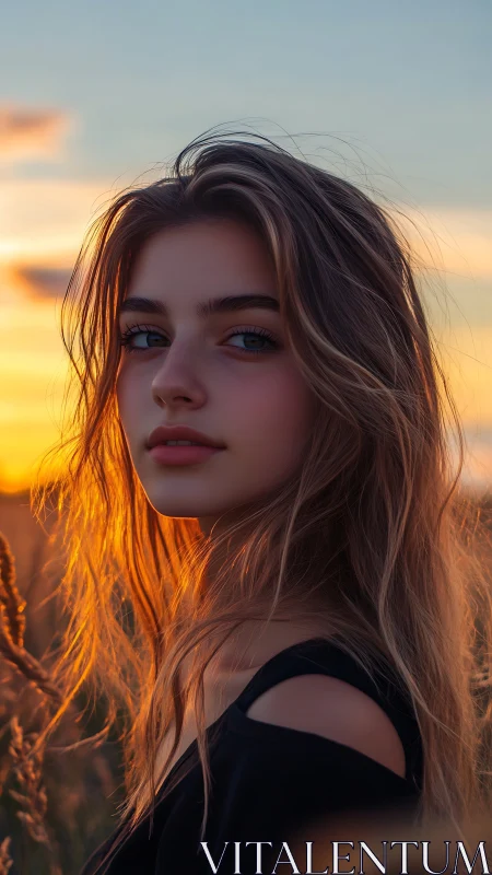 Sunlit portrait of young woman in golden hour field.