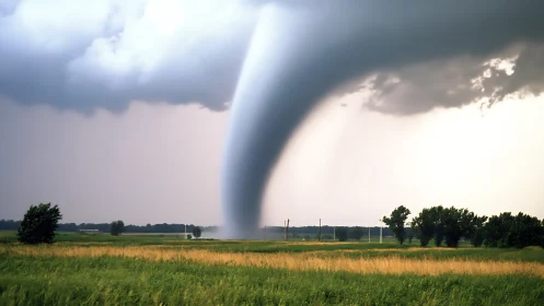 Mighty countryside tornado touching down over open fields.