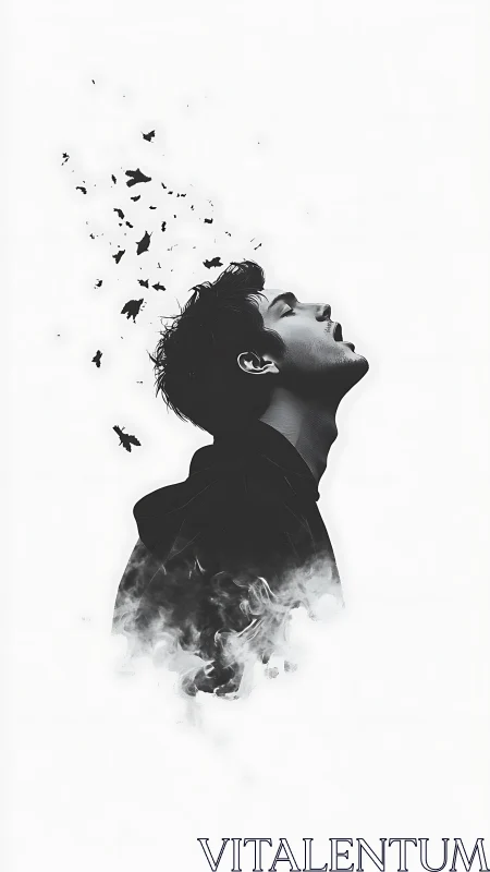 Monochrome male portrait dissolves into smoke and fragments