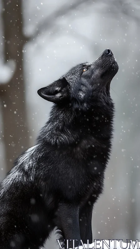 Black wolf gazes upward through falling snow in winter forest