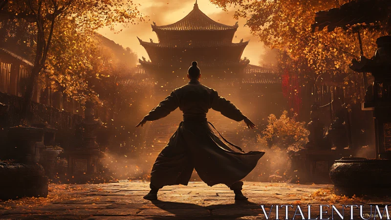 Martial artist before autumn temple in cinematic backlight.