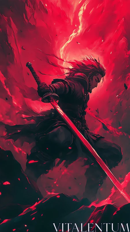 Crimson-lit swordsman framed by dynamic volcanic energy arcs