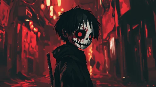 Masked street wraith stands in neon-lit alleyway horror