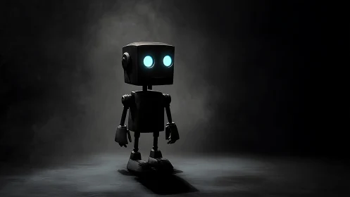 Curious little robot stands glowing softly in the shadows