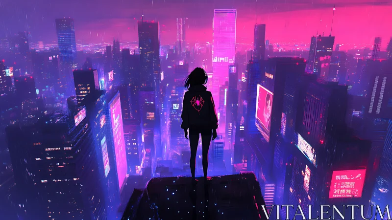 Neon-drenched vigilante surveys a rainy cyberpunk skyline.
