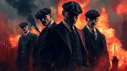 Four stern men in suits before burning industrial city.