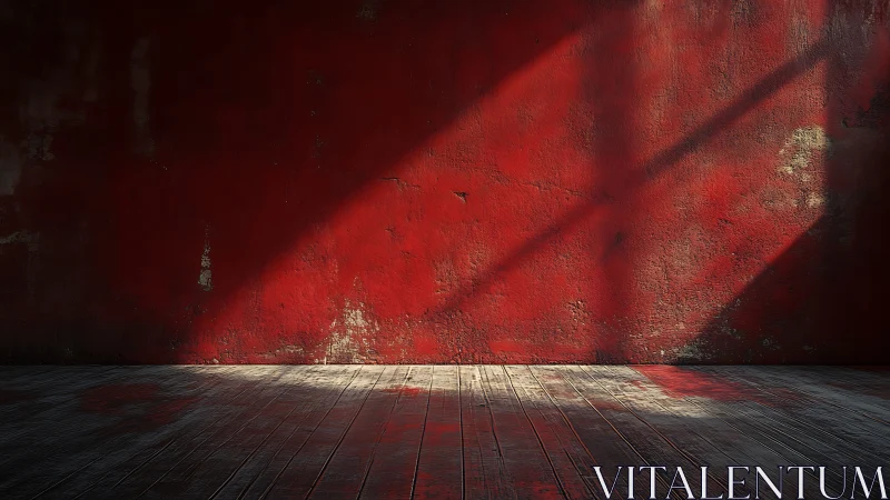 Oblique daylight rakes across distressed red wall and floor