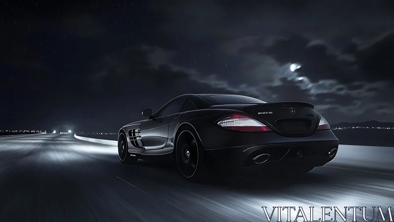 Midnight performance coupe accelerates along luminous highway.