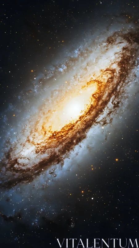 Spiral galaxy core with bright dust lanes in deep space.