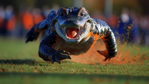Photorealistic stylized alligator mascot sprinting across turf