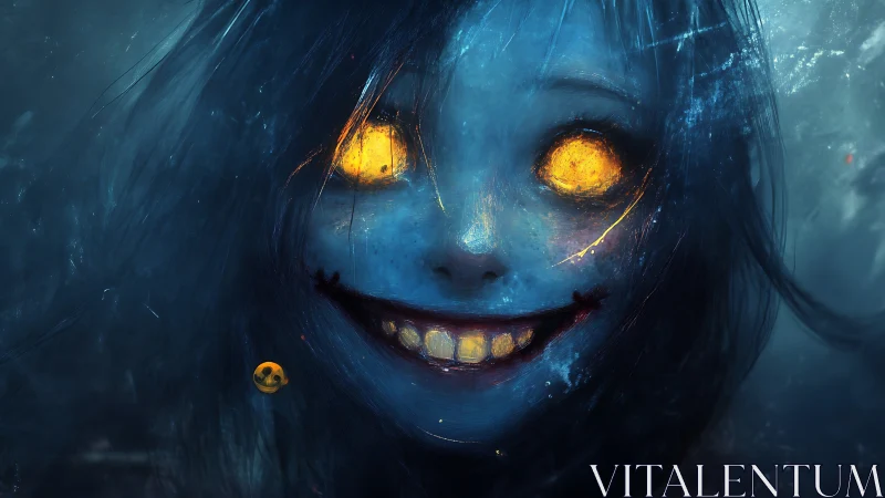 Blue ghostly face with glowing eyes stares directly ahead