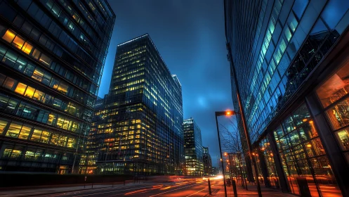 Moody blue city towers glowing with night office lights.