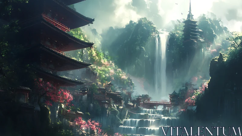 Mountain shrine complex overlooks luminous cascading falls.