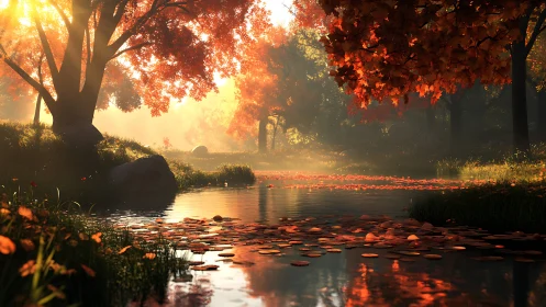 Autumn forest stream with foliage under warm backlighting.