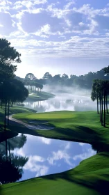 Morning mist over reflective lakeside golf fairways.