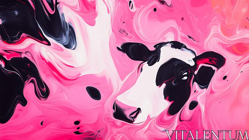 Abstract bovine portrait in swirling pink marbled liquid field
