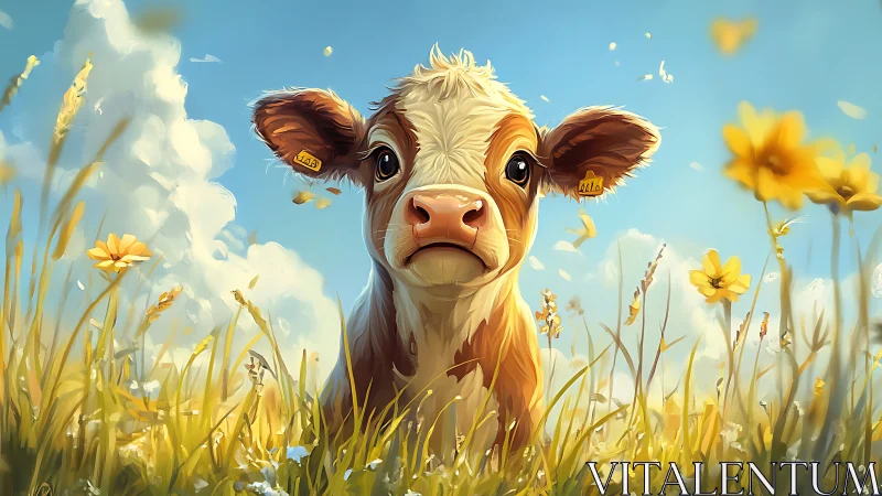 Curious calf standing in sunny wildflower meadow scene.