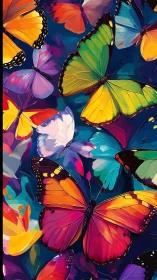 Vibrant multicolored butterflies glide across deep blue air