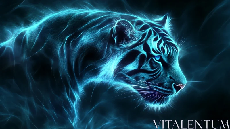 Electric blue tiger spirit roaming a neon night dreamscape.