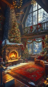 Cozy Christmas cabin interior with glowing stone fireplace.