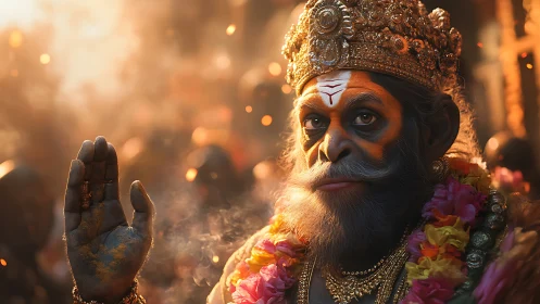 Divine monkey deity idol under warm ceremonial light