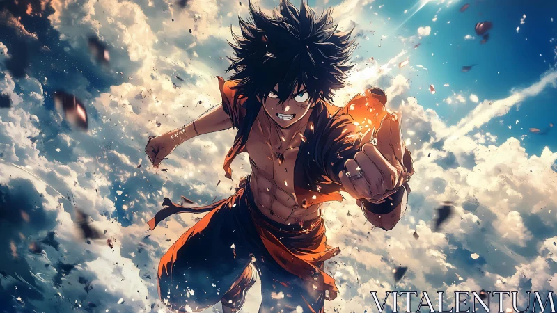 High-energy anime fighter soaring through dynamic cloudscape