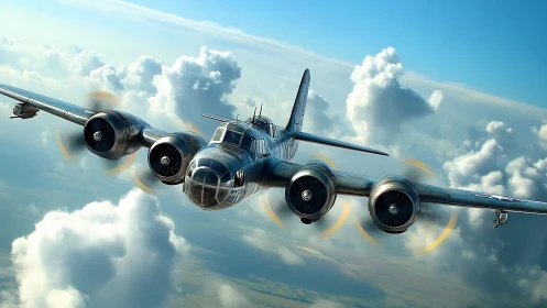 Four‑engine military aircraft maintains level flight in clouds