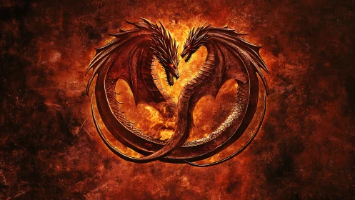 Twin fire dragons circling molten heart emblem.