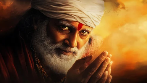 Elderly spiritual guru gazes forward with folded hands