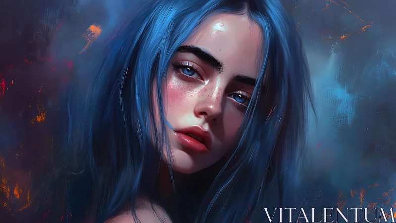 Blue haired daydreamer glows in moody nebula haze.