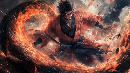 Fire-wielding warrior bends blazing inferno in storm.