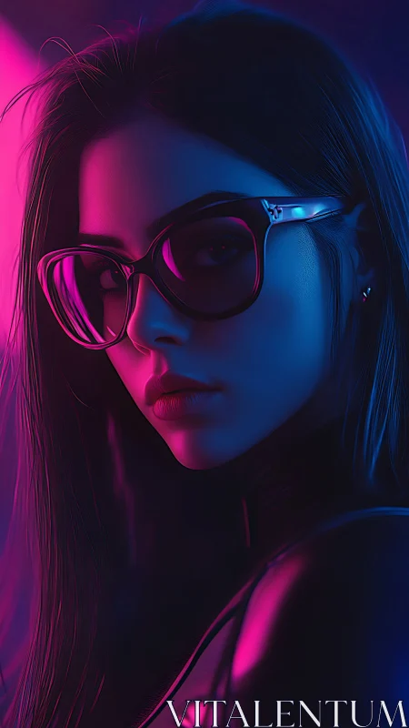 Portrait of woman in glasses under neon magenta and blue light.