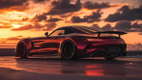 Sunset-bathed crimson supercar prowls the glowing horizon.