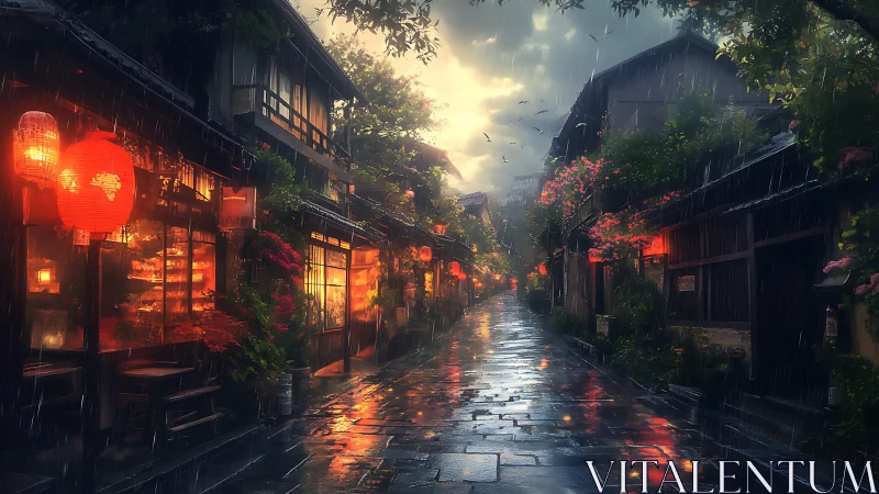 Rain-soaked traditional street with lantern-lit shopfronts.