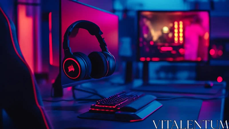 RGB gaming headset on monitor in neon lit PC setup.
