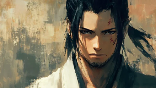Brooding anime swordsman portrait in painterly brushwork.