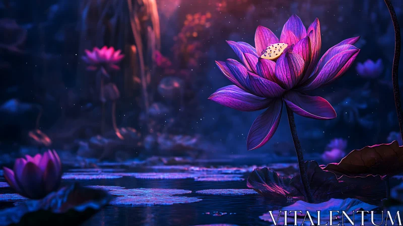 Luminous violet lotus blooming in a mystical twilight pond.