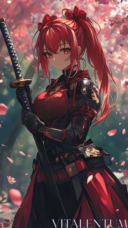 Red‑haired swordswoman in black armor under cherry blossoms.