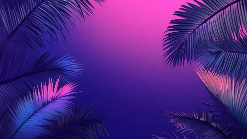 Neon gradient sunset illuminates stylized tropical palm fronds