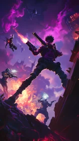 Armed figure on urban ruin amid violet and orange flames.