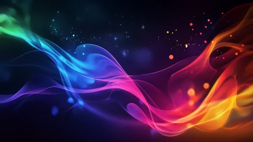 Multicolor abstract light waves on dark gradient background.