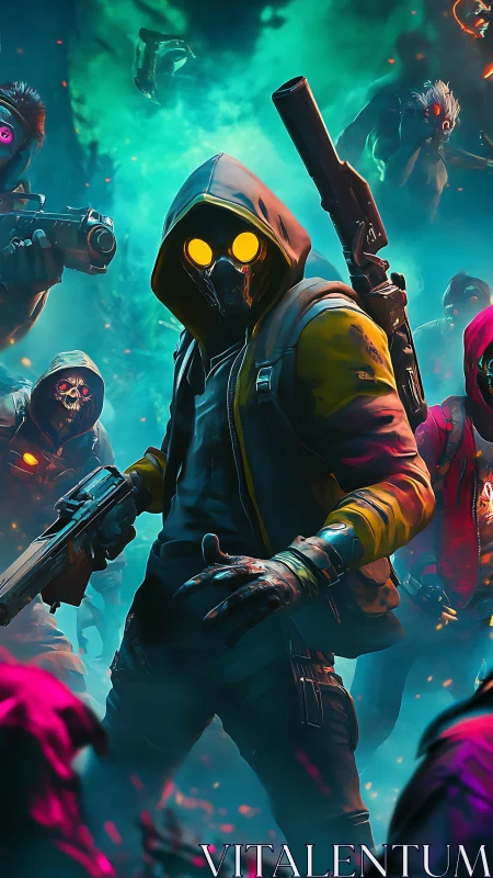 Hooded gunfighter confronts neon-masked horde in toxic forest