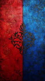Red and blue split background with black floral motif.