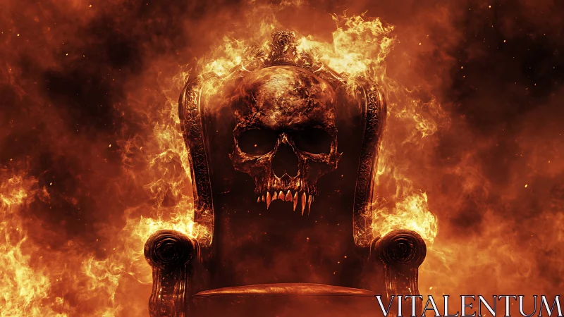 Burning gothic throne crowned by demonic skull in flames
